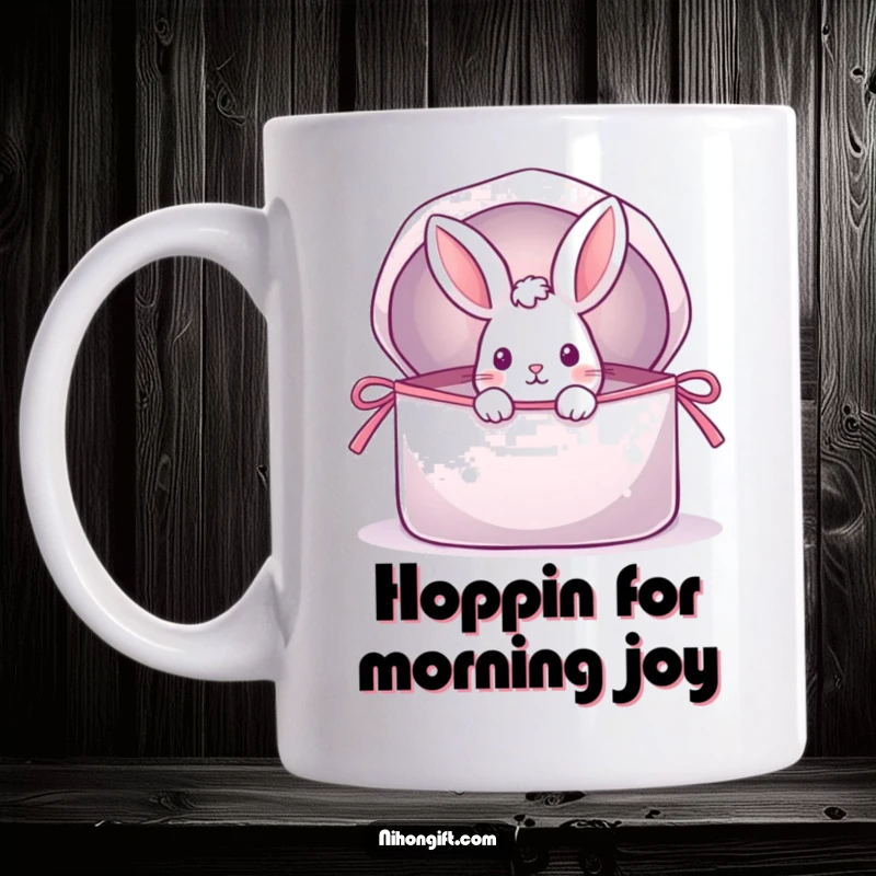 Funny mug with a playful rabbit peeking from a giant, shimmering, open gift bag, delightful and full of surprise.