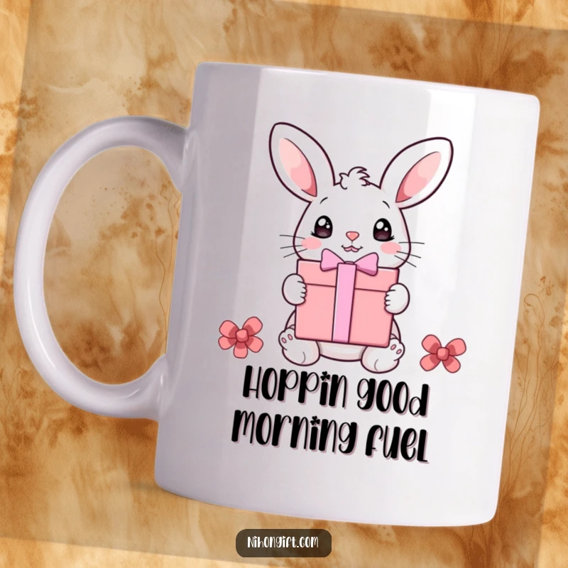 Funny bunny mug with wide eyes, eagerly anticipating a huge gift box, perfect for gifting and adding humor.