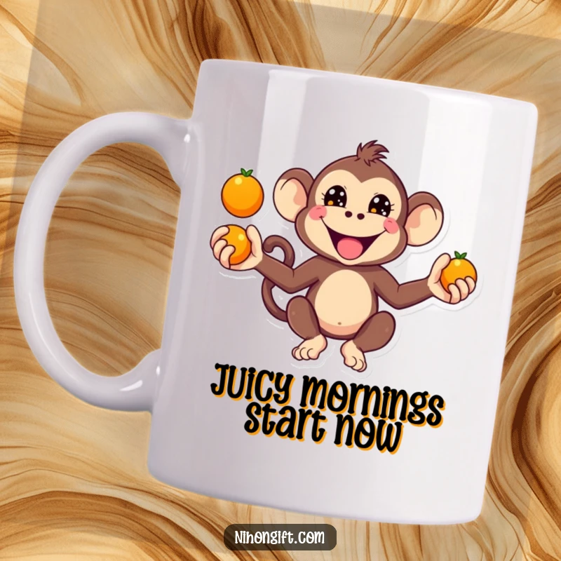 Funny Kawaii Monkey Mug with a cute monkey juggling oranges with a mischievous grin.
