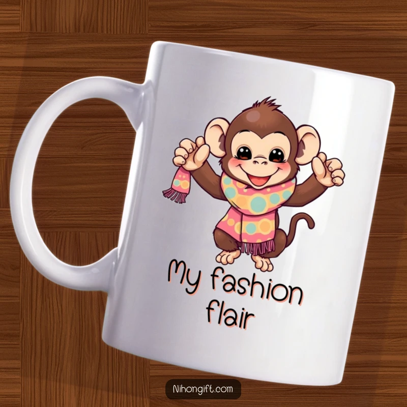 Funny Monkey Mug: A gleeful primate presents a vibrant, patterned scarf, showcasing pure joy and playful energy, an ideal gift.