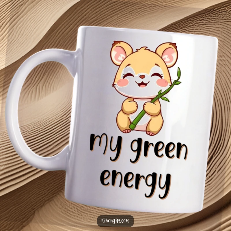 Funny mug with a joyful animal happily holding a miniature bamboo stalk, evoking peace and happiness.