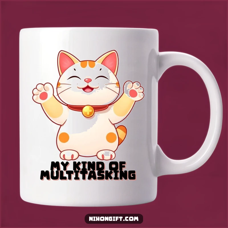 Funny Lucky Cat Mug: Joyful Multi-Paw Wave for Good Fortune, a Hilarious Gift Idea