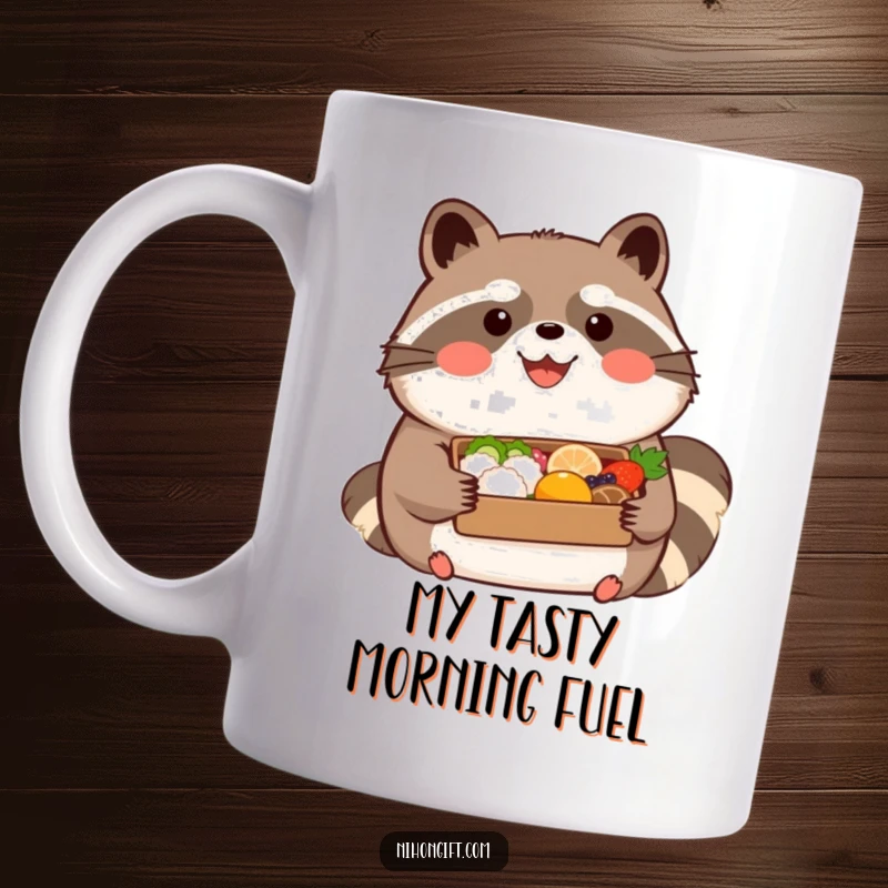 Funny kawaii tanuki wearing a happy expression, holding a beautifully presented bento on a mug, celebrating deliciousness.