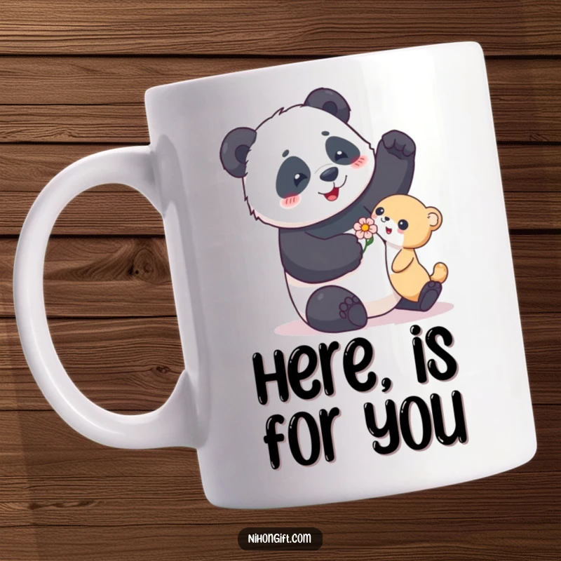 Funny mug featuring a playful panda enthusiastically gifting a small animal a delicate flower, conveying kindness.