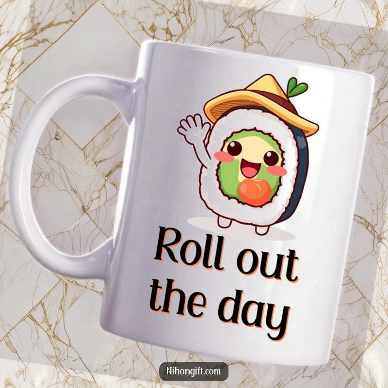 Funny mug featuring a charming sushi roll character in a straw hat, waving excitedly, embracing Japanese food culture.