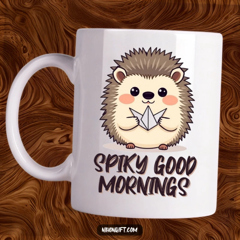 Funny hedgehog proudly presenting a tiny origami crane on a mug, showcasing artistry and pride.