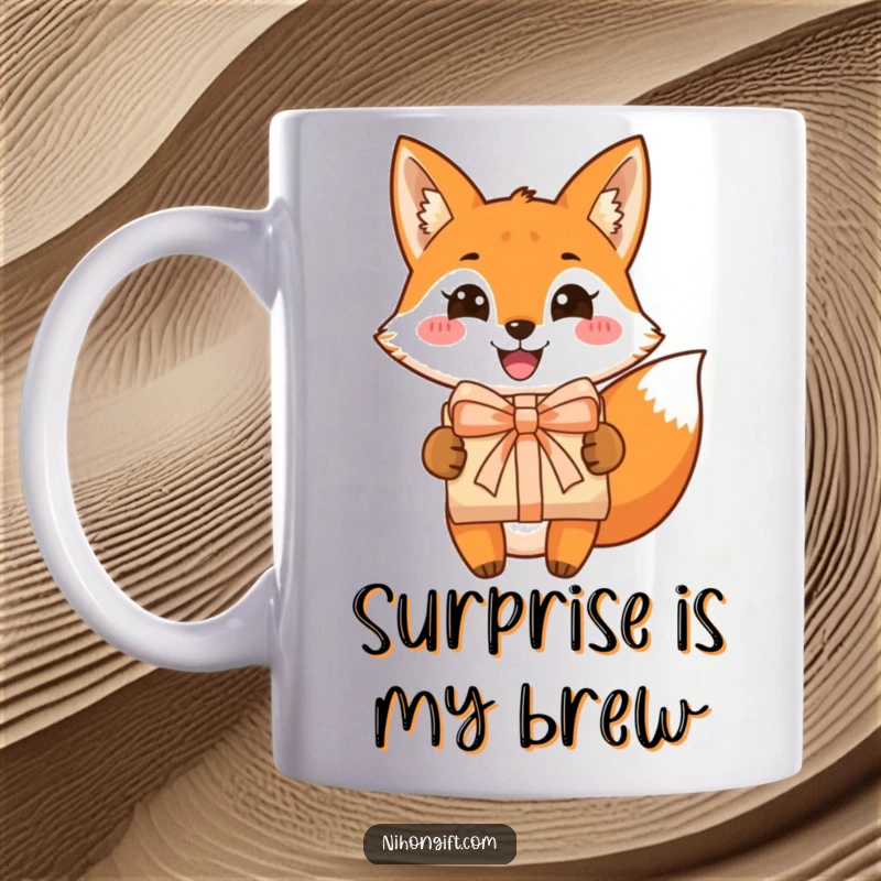 Funny fox mug with a cheerful grin, happily presenting a beautifully wrapped package tied with a ribbon, symbolizing joy and generosity.