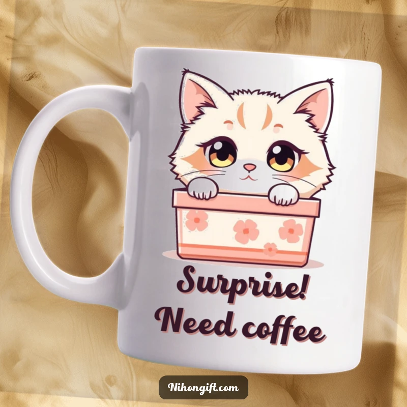 Funny cat mug showing a fluffy cat with wide, curious eyes peeking out of a traditional Japanese gift box.