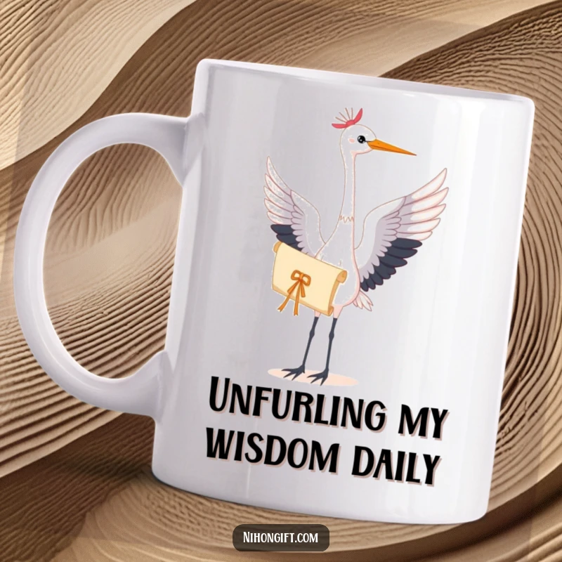 Elegant crane holding a delicate scroll tied with a silken cord, depicted on a serene mug for art and bird enthusiasts.
