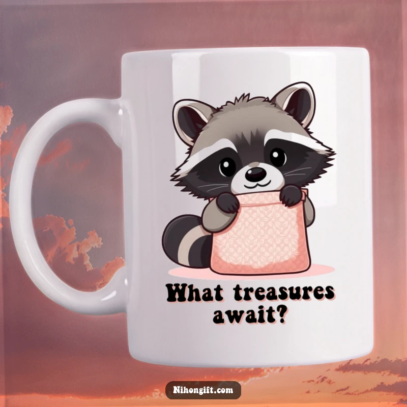 Funny Kawaii Raccoon Mug showing a cute raccoon peering curiously into a shimmering gift bag, full of wonder and mischief.