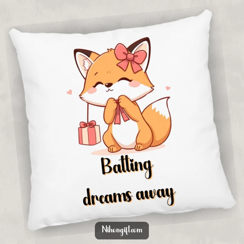 Funny Kawaii Fox Pillow showcasing a cute fox playfully batting at a dangling gift ribbon, offering plush comfort and whimsical charm.