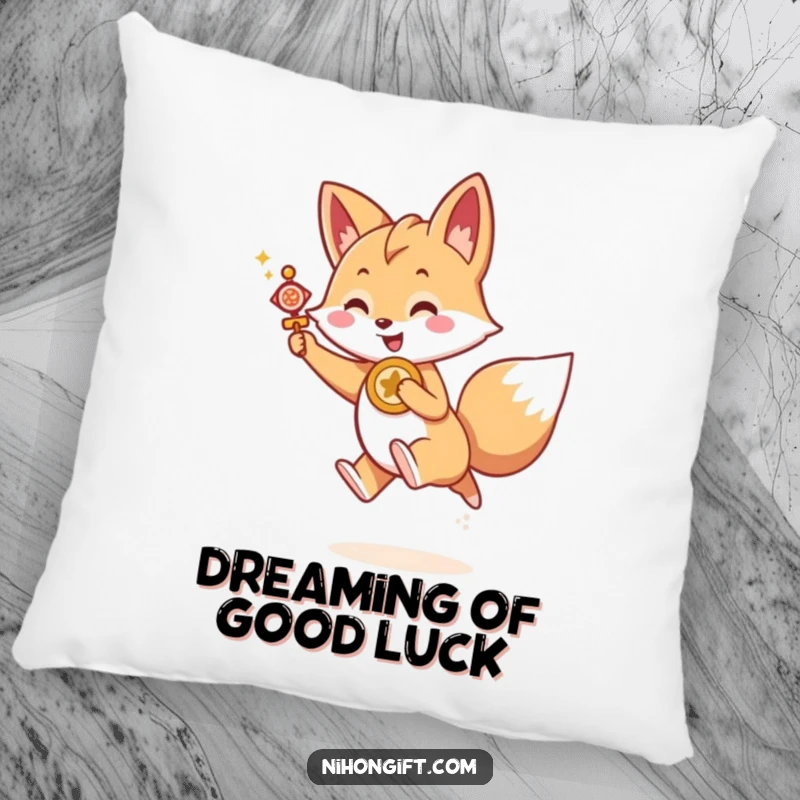 Funny Kawaii fox holding a lucky charm, joyfully leaping forward, on a soft pillow, a comforting funny gift.