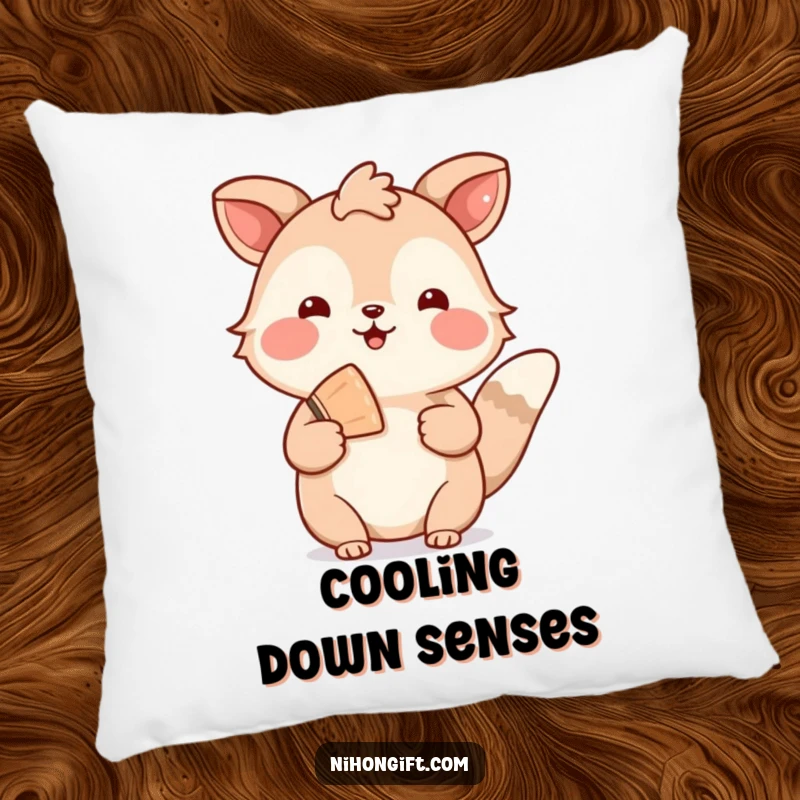 Funny throw pillow featuring a welcoming animal holding a decorative fan, offering cozy comfort and hospitality.