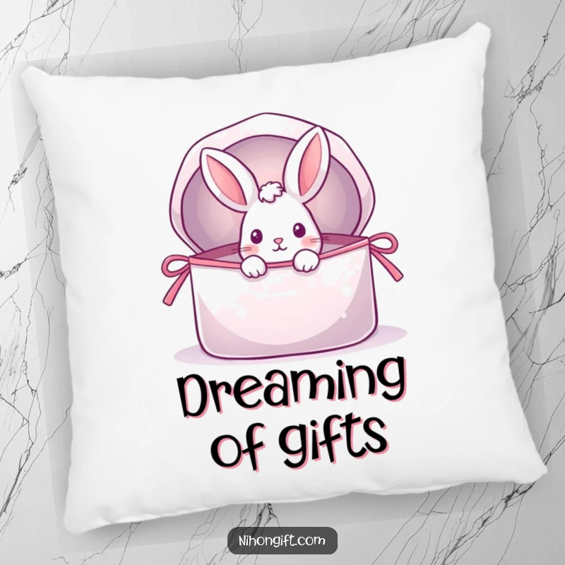 Funny pillow with a playful rabbit peeking from a shimmering gift bag, offering comfort and a dose of delightful surprise.