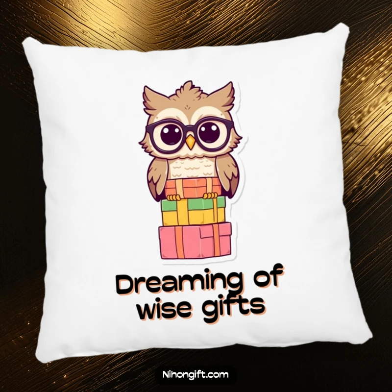 Soft pillow with a wise owl wearing spectacles, balancing a stack of gift boxes, bringing scholarly comfort.