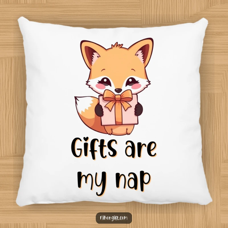 Funny pillow featuring a cute fox with a wrapped gift box, offering comfort and humorous decor.