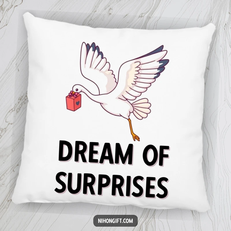 Funny Kawaii Crane Pillow depicting a crane flying with a delicate gift box.
