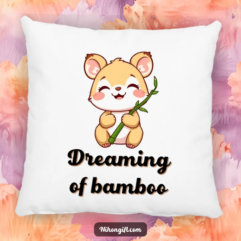 Funny throw pillow with a joyful animal holding a small bamboo stalk, offering cozy comfort and zen vibes.
