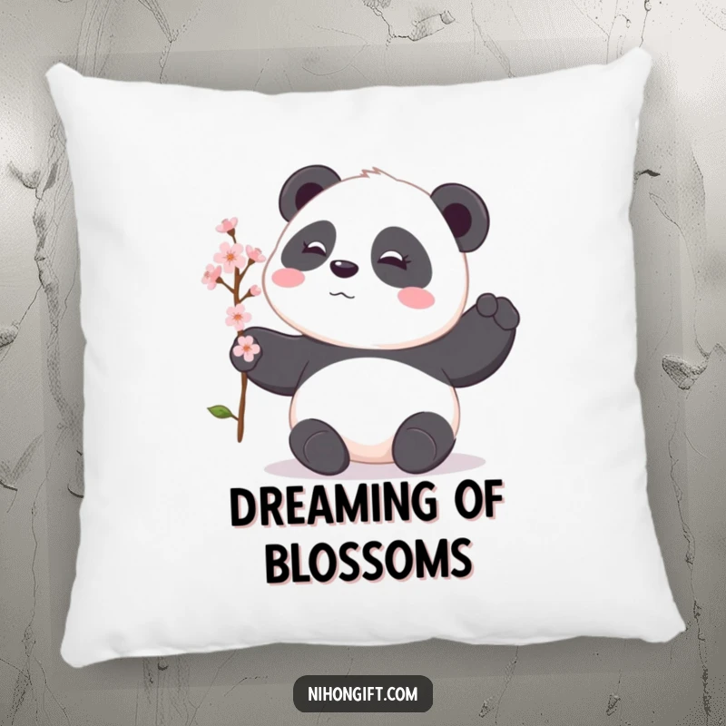Funny panda pillow featuring a shy panda offering a cherry blossom branch, offering soft, humorous comfort and peaceful charm.
