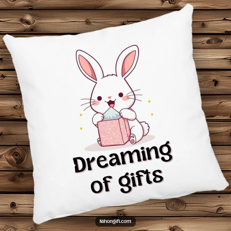 Funny kawaii bunny pillow, showing extreme happiness while opening a small, shiny present. Adds comfort and humor to any space.