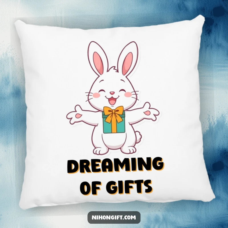 Funny Cheerful Bunny Pillow with paws outstretched for a gift, offering cuddly comfort and humorous delight.
