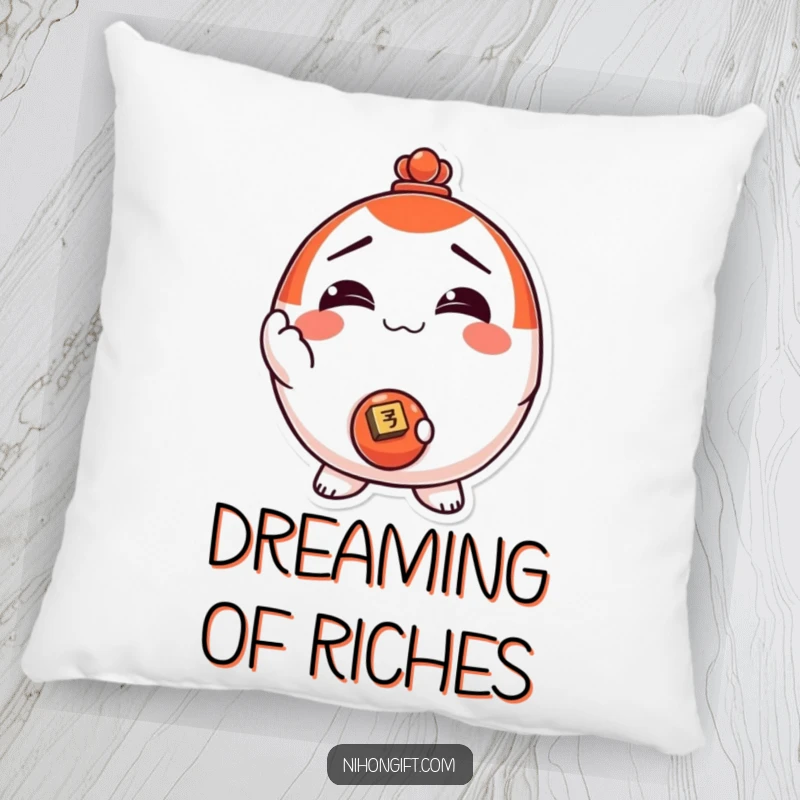 Funny! Plush pillow featuring a smiling Daruma doll character holding a shiny coin, designed for comfort, luck, and humor.