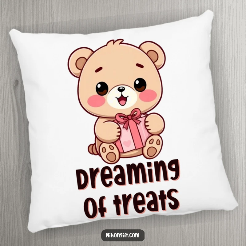 Funny Kawaii Bear Pillow showcasing a smiling kawaii bear holding a wrapped present, offering plush comfort and cheerful vibes.