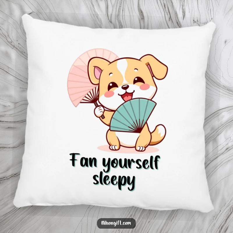 Funny Dog Fan Pillow: Smiling dog character happily waving a traditional Japanese fan, perfect for lounging.