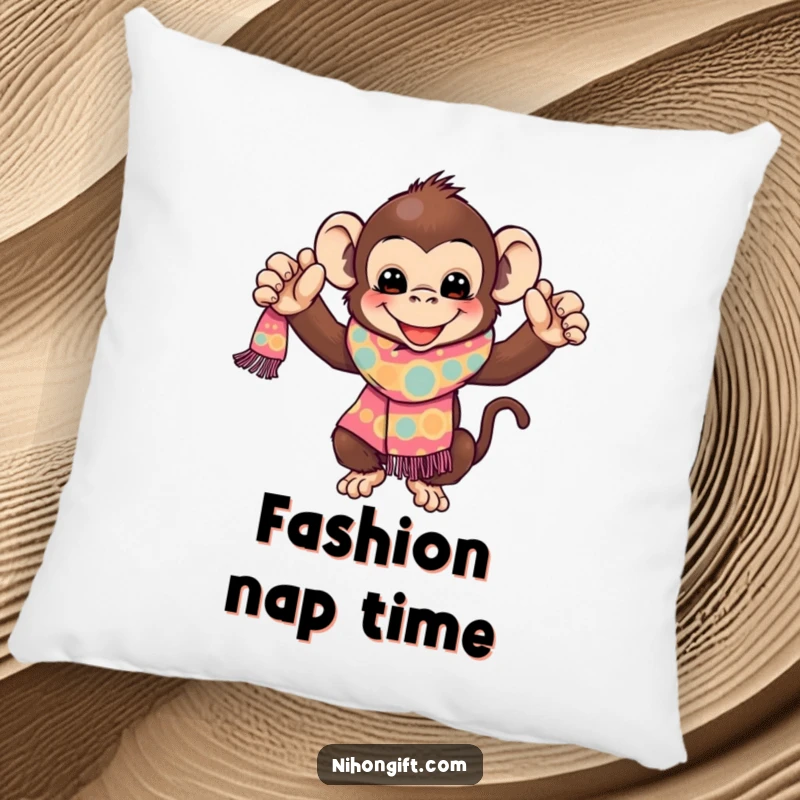 Funny Monkey Pillow: A playful monkey presents a vibrant, patterned scarf with glee, adding a touch of humor and comfort.