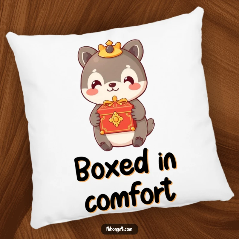 Funny pillow with an animal offering a small, ornate box with a gentle smile, adding comfort and thoughtfulness.