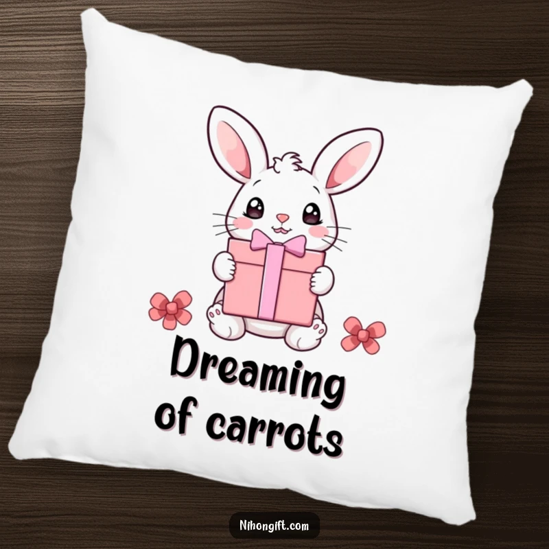 Funny bunny pillow with a cute, surprised bunny receiving a gift, adding a humorous and soft touch to any room.