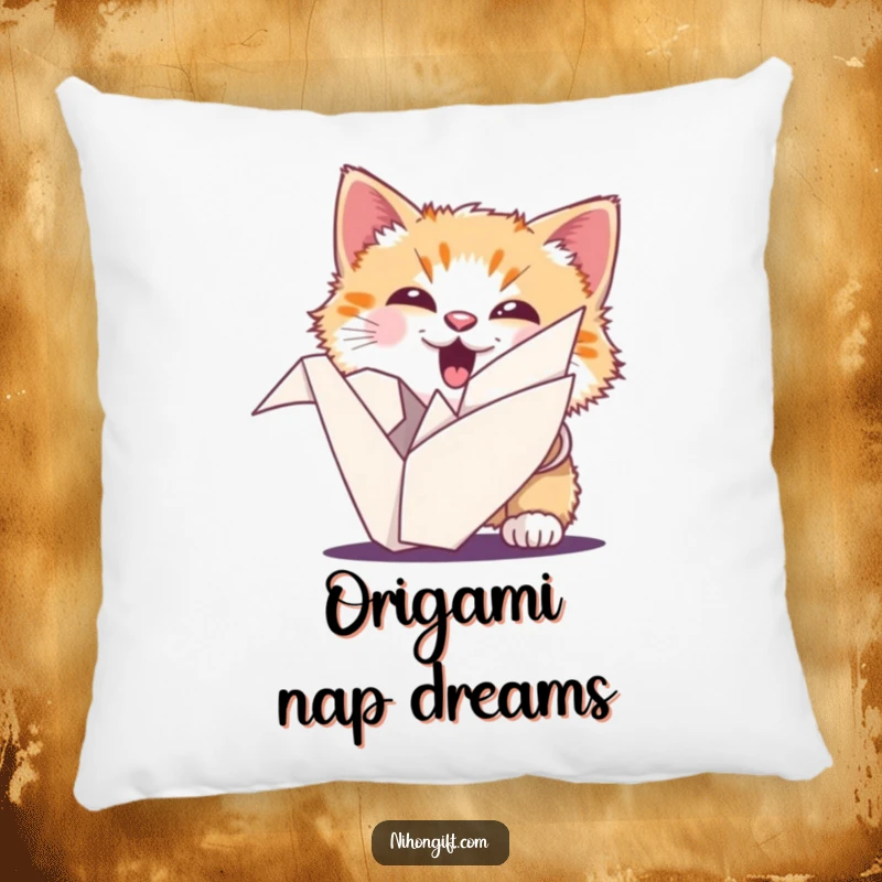 Funny cat pillow showing a fluffy cat with an ecstatic expression peeking from behind a folded origami crane.