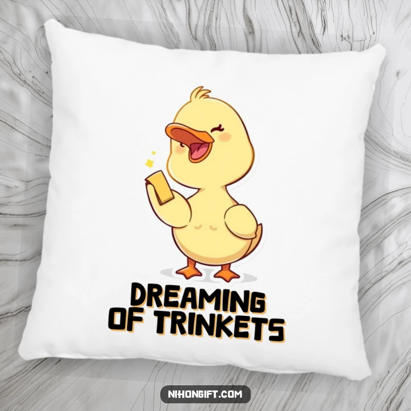 Funny duckling with an open beak joyfully accepting a small trinket, featured on a soft and cozy decorative pillow.