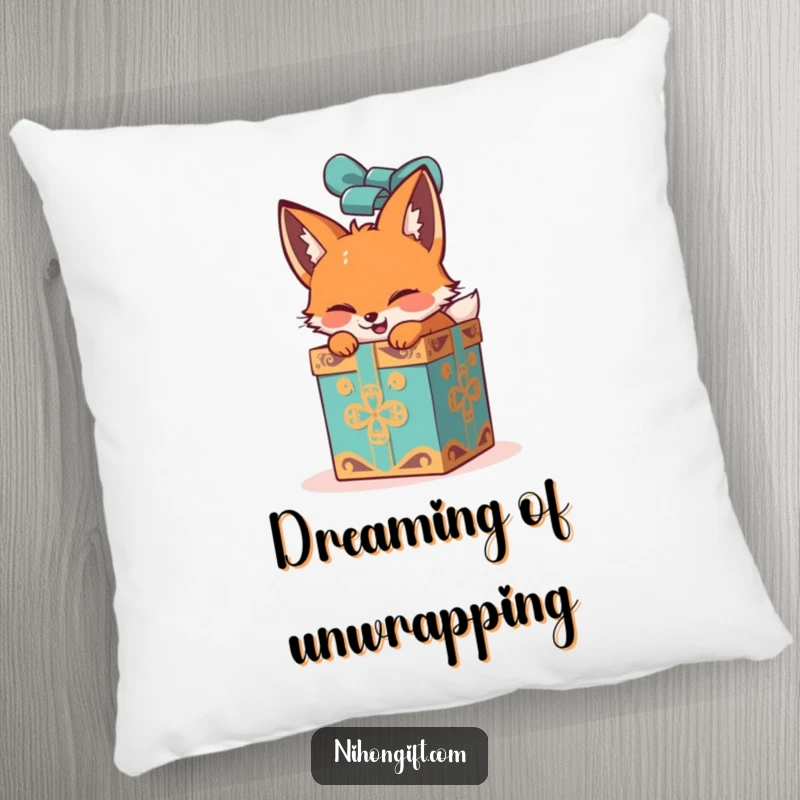 Funny fox adorably resting on a pillow, while excitedly unwrapping a large, ornate gift box in a whimsical scene.