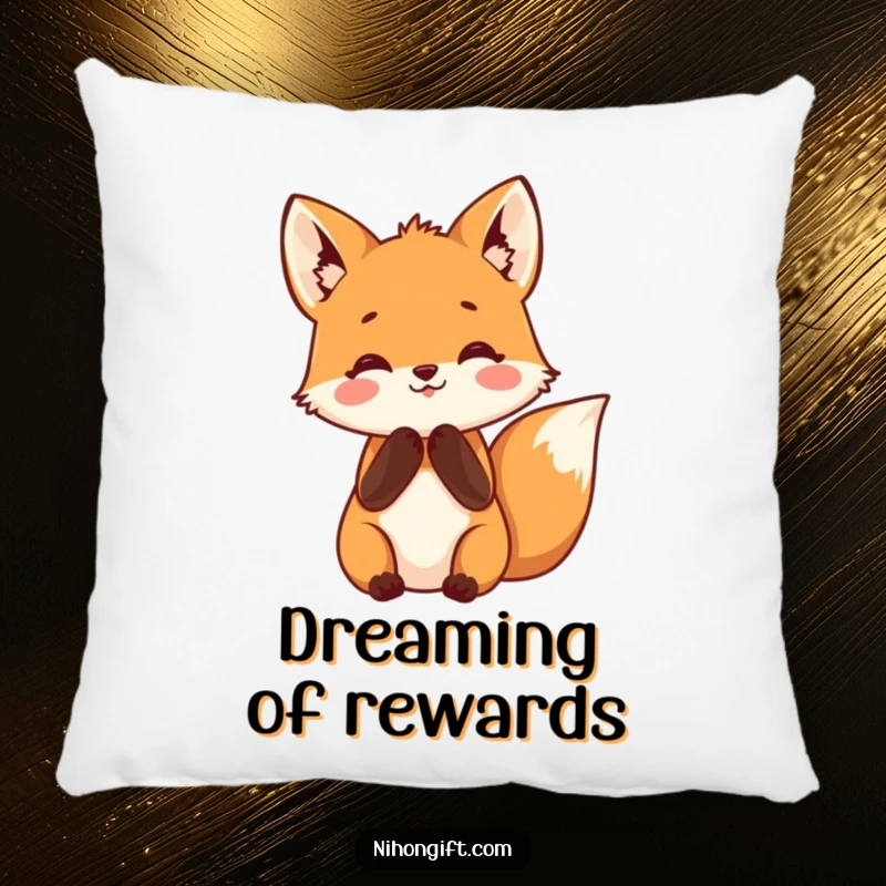 Funny fox pillow featuring a small fox with paws clasped in happy anticipation, adding humor and coziness to any space.
