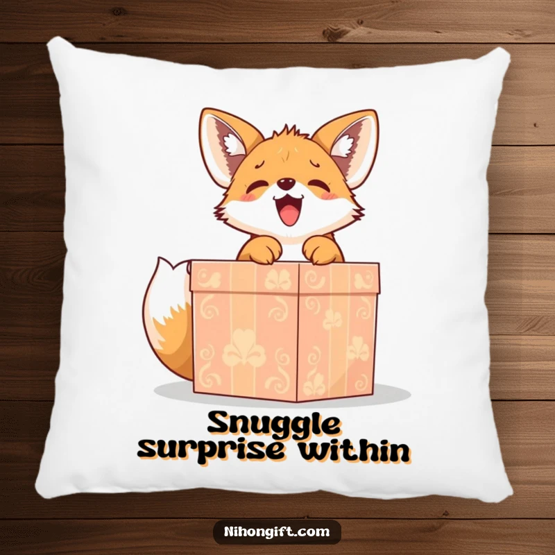 Funny cute fox puppy gleefully unwrapping a large, ornate gift box on a pillow, a cute and cozy accent.