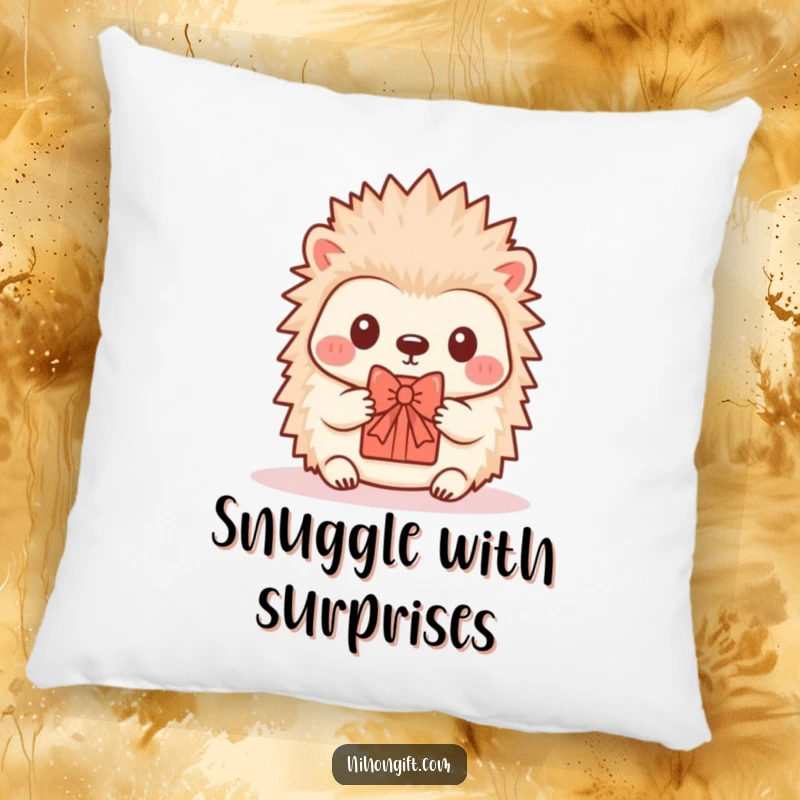 Funny Hedgehog Pillow: A soft kawaii hedgehog offers a small, beautifully tied gift.
