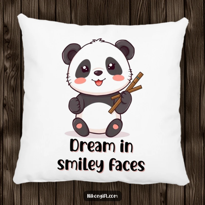 Funny Kawaii Panda Pillow depicting a panda painting a smiley face with a calligraphy brush.