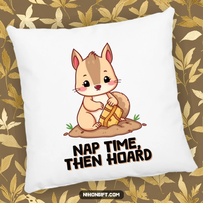 Funny kawaii squirrel hiding treasure, offering soft comfort and adorable humor on a decorative pillow.