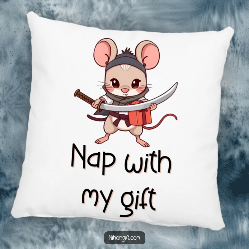 Funny Mouse Katana Pillow: A cute mouse warrior holding a small katana, guarding a gift, perfect for snuggles.