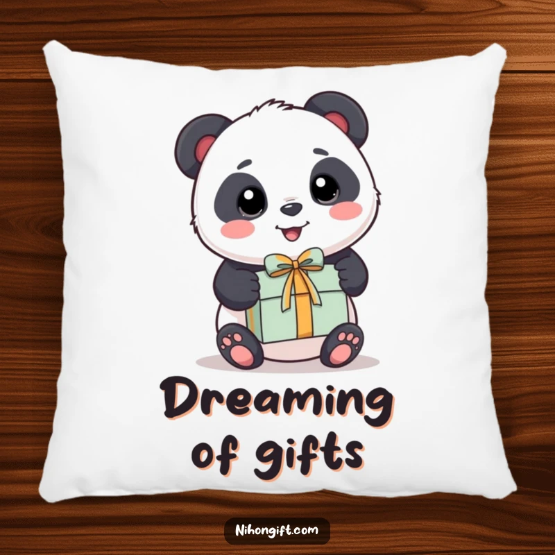 Funny Panda Pillow: A soft kawaii panda happily offers a beautifully presented small gift.