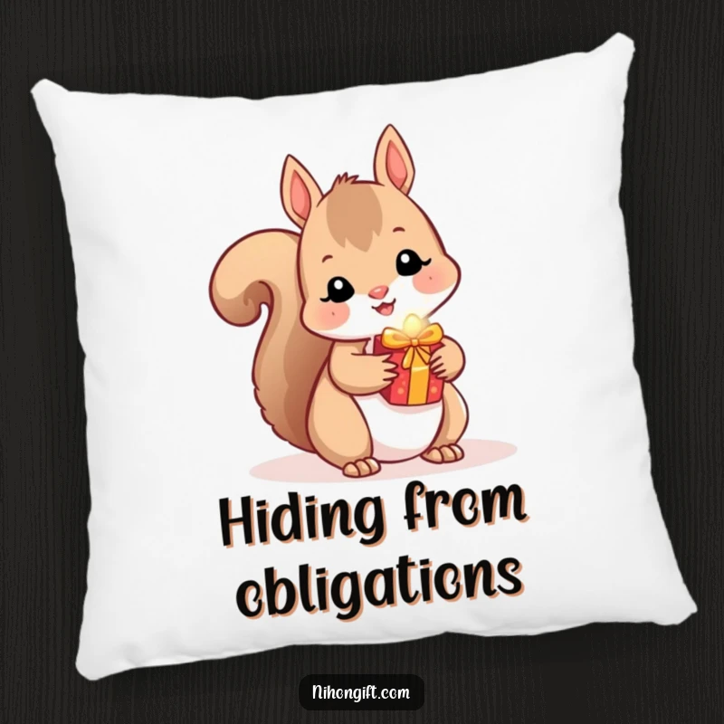 Funny Squirrel Pillow: A soft kawaii squirrel hides a small, shiny gift behind its back.