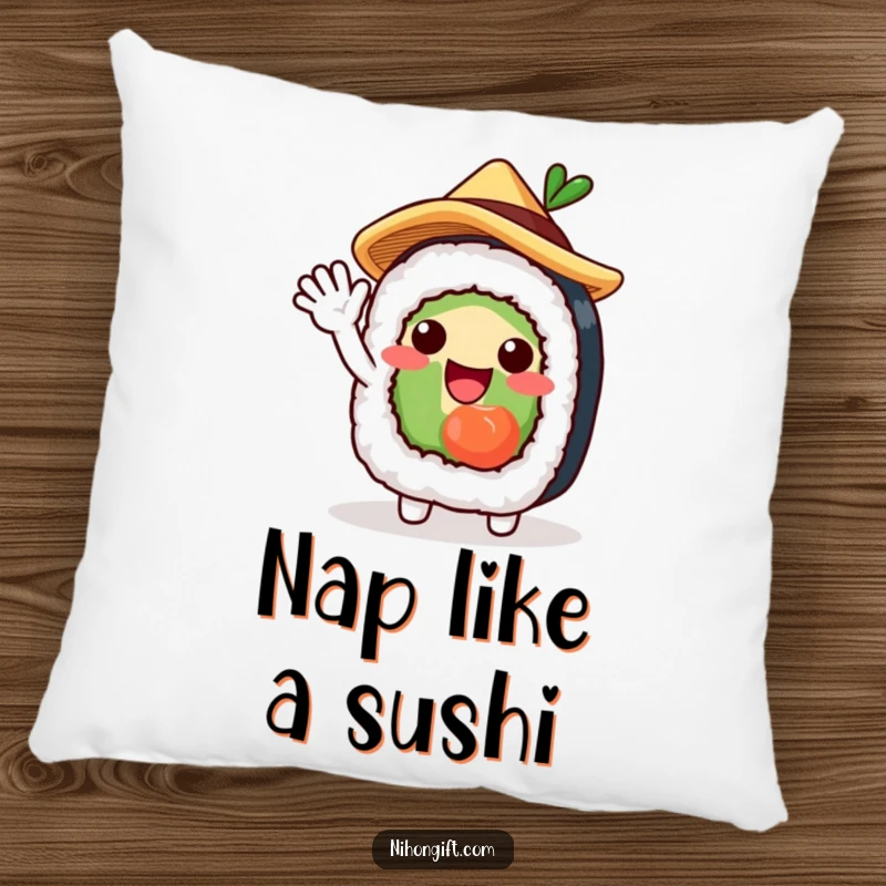 Funny pillow showcasing a charming sushi roll character in a straw hat, waving excitedly, providing comfort and foodie fun.