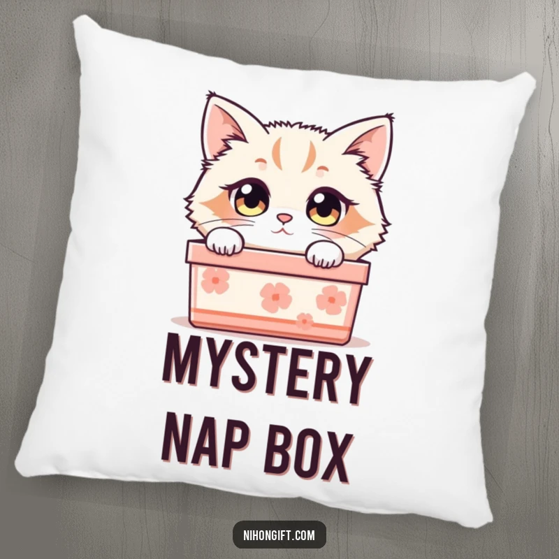 Funny cat pillow showing a fluffy cat with curious eyes peeking adorably from a traditional Japanese gift box.