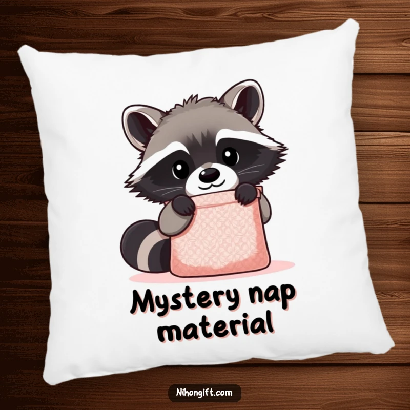 Funny Kawaii Raccoon Pillow showcasing a cute raccoon peering curiously into a shimmering gift bag, offering plush comfort and whimsical charm.