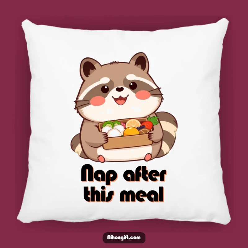 Funny Tanuki Bento Pillow - Soft Kawaii Cushion, Cozy Foodie Decor, Gift