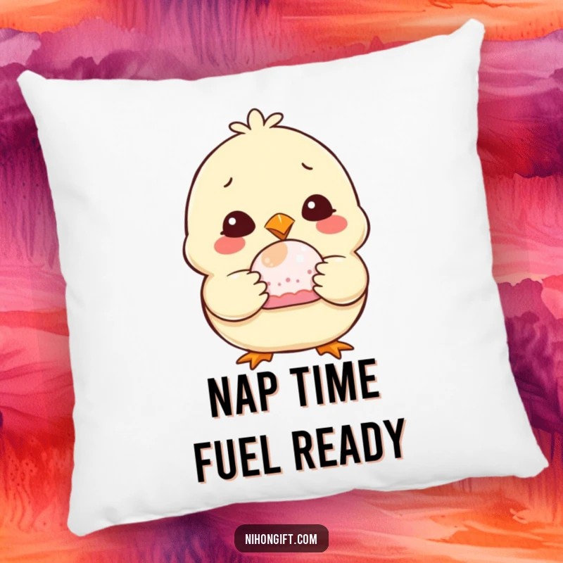 Funny Chubby Chick Pillow featuring a cheerful chick holding a mochi, providing soft comfort and a humorous touch.