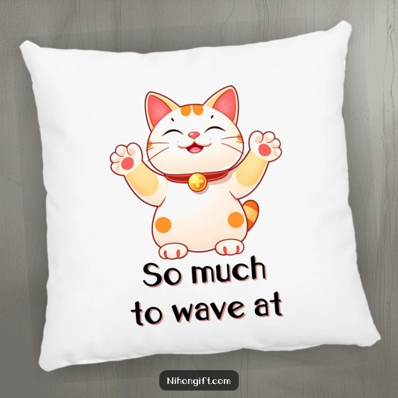 Funny pillow with a lucky cat design, joyfully waving multiple paws for ultimate comfort and good luck. A soft and humorous decorative item.