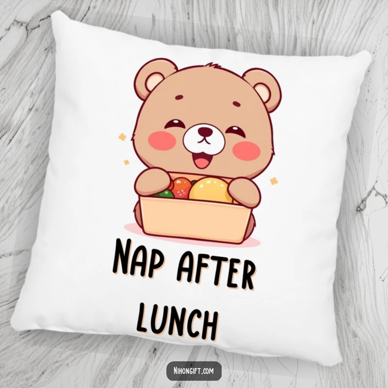 Funny kawaii bear cub cub with a bento box on a soft pillow, adding charm.