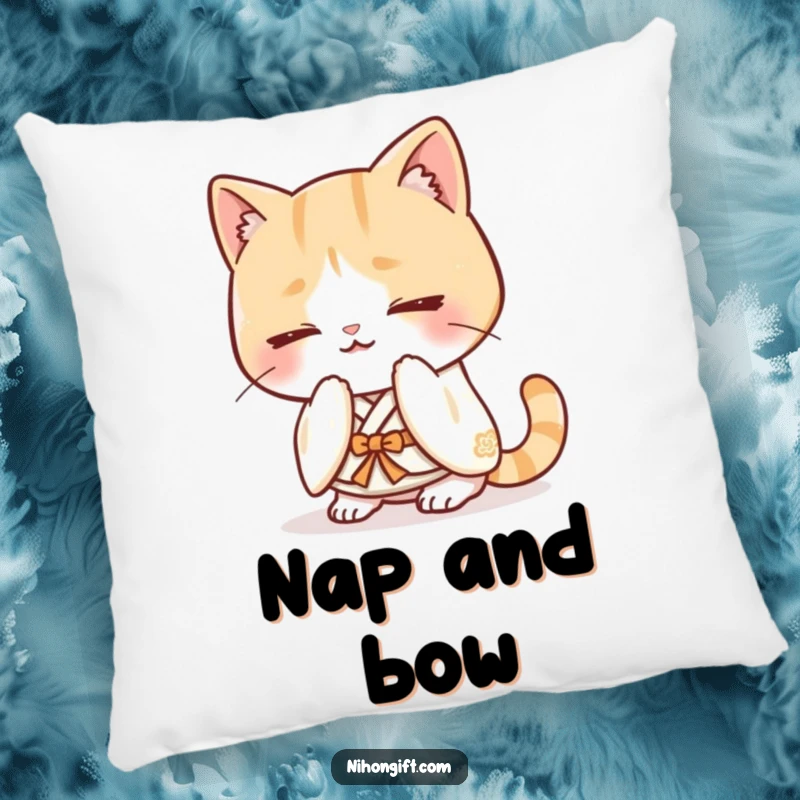Funny kawaii cat in a kimono bowing happily on a soft pillow, perfect for decor.